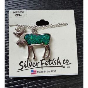 Silver Fetish Co Aurora Opal Moose Pendant Necklace Green Silver Tone USA Made